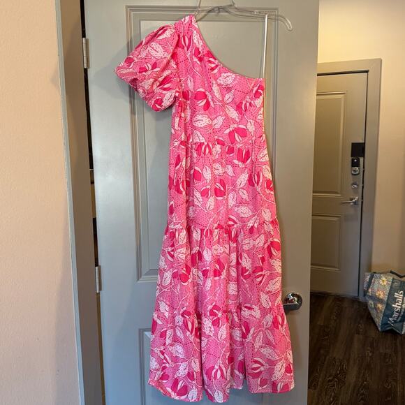 j. Marie Women's Size Small Pink Floral Print One Shoulder Ruffled Midi Dress - Picture 2 of 7